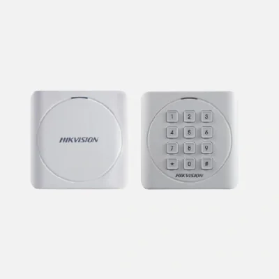 Cititor card cu tastatura Hikvision DS-K1801EK, frecventa de operare RFID EM125KHz, conectivitate: Wiegand 26/34 protocol, distanta de citire: max. 50mm, tastatura cu 12 butoane, Led de stare, alimentare; 12VDC, dimensiuni: 87mm × 87mm × 13.3mm, IP 6