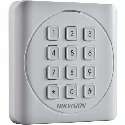 Cititor card cu tastatura Hikvision DS-K1801MK, citeste carduri MIFARE 13.56MHz, distanta citire: 50mm, comunicare: Wiegand 26/34 protocol, tastatura cu 12 butoane,  indicator LED de stare si alimentare; alimentare: 12VDC, IP65, dimensiuni: 87×87×13.