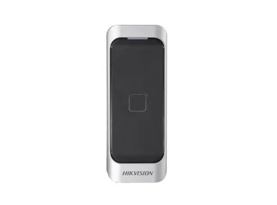 Cititor card Hikvision DS-K1107AM, citeste carduri Mifare 13.56 MHz, distanta citire: ≤ 50 mm, RS-485, Wiegand (W26/W34) protocol si protocol OSDP, Watchdog, indicator de stare si alimentare, buzzer incorporat, tamper, alimentare 12VDC, IP65, dimensi