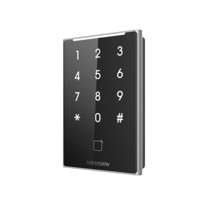 Cititor de proximitate cu tastatura Hikvision DS-K1109DKB, DESfire card, Felica card and M1 card, RS-485 and Wiegand (W26, W34), alimentare: 12 VDC, protectie: IP65, dimensiunii: 125 mm × 84.5 mm × 18 mm, montare aparenta.