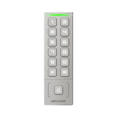 Cititor de proximitate cu tastatura Hikvision DS-K1T809EX, card sau PIN, maxim 1000 carduri si 1000 useri, cititor pentru carduri EM incorporat, Wiegand out, supports Wiegand 26/34, alimentare: 12 VDC, 1 A,  protectie: IP65, dimensiunii: 151 mm × 48 