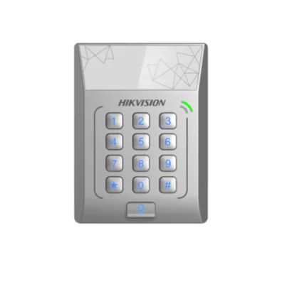 Cititor standalone cu tastatura si card de proximitate Hikvision DS- K1T801E; suporta cartele EM 125Khz; Capacitate 3000 cartele,Autentificare: card sau card si parola; Intrari: buton de iesire x1,contact de usa x 1; Iesiri: sonerie x1, incuietoare e