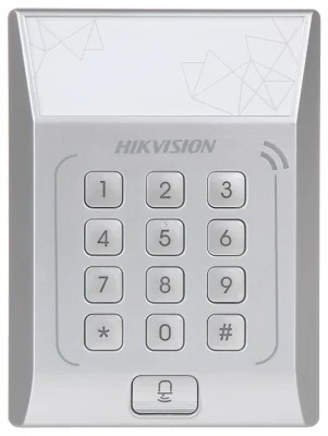 Cititor standalone cu tastatura si card de proximitate Hikvision, DS- K1T801M; suporta cartele MIFARE, Capacitate 3000 cartele, Autentificare: card sau card si parola; Intrari: buton de iesire x1, contact de usa x1; Iesiri: sonerie x1, incuietoare el