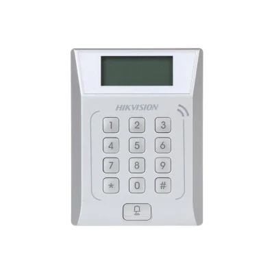 Cititor standalone cu tastatura si card proximitate Hkvision DS-K1T802E, suporta cartele EM 125Khz, capacitate 3000 carduri si 10000 evenimente, autentificare: card, card si  parola,display 128x64, Exit Button × 1, Door Sensor × 1, Doorbell × 1, E-lo