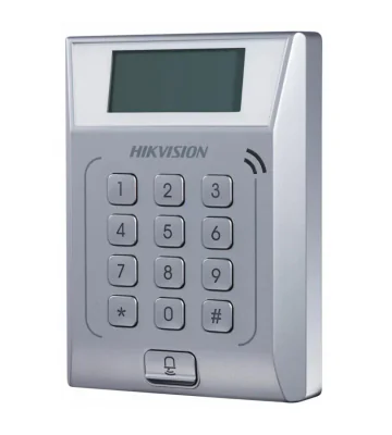 Cititor standalone cu tastatura si card proximitate Hkvision DS-K1T802M, suporta cartele MIFAE, capacitate 3000 carduri si 10000 evenimente, autentificare: card, card si  parola,display 128x64, Exit Button × 1, Door Sensor × 1, Doorbell × 1, E-lock O
