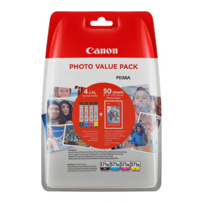 Pachet foto 4 cartuse Canon BK+C+M+Y cap.mare CLI-571XL + hartie foto 10x15 50coli