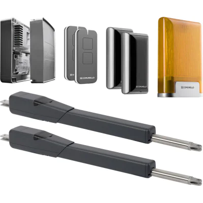 Comunello Kit HYRON 300/24V - Kit de automatizare pentru porti batante de până la 3 m lungime, alimentat la 24V. Kitul contine: 2 brate motorizate HYRON cu întrerupătoare