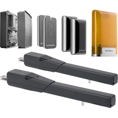 Comunello Kit SKY 500/24V - Kit pentru usi batante de pana la 5m. Setul contine: 2 brate motorizate SKY cu encoder si limitatoare mecanice, 1x pereche de fotocelule DAR