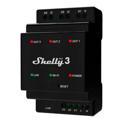 Comutator inteligent pentru șină DIN Shelly Pro 3 cu contacte uscate, 3 canale