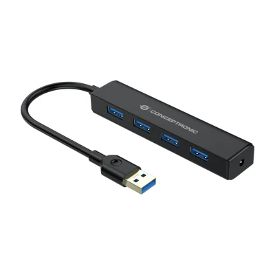 Conceptronic 4-Port USB 3.0 Hub, USB 3.2 Gen 1 (3.1 Gen 1) Type-A, USB 3.2 Gen 1 (3.1 Gen 1) Type-A, 5000 Mbit/s, Black, 0.15 m, China
