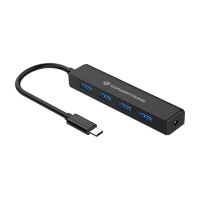Conceptronic 4-Port USB 3.0 Hub, USB-C Connector, USB 3.2 Gen 1 (3.1 Gen 1) Type-C, USB 3.2 Gen 1 (3.1 Gen 1) Type-A, 5000 Mbit/s, Black, 0.15 m, China