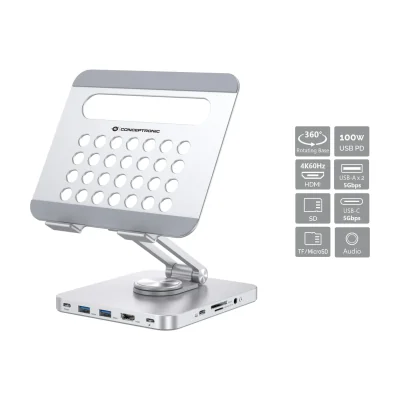 Conceptronic DONN26G, Silver, Tablet, Multimedia stand, Aluminium, 100 W, MicroSD (TransFlash), SD, SDHC, SDXC