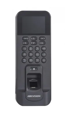 Controler de acces biometric stand alone Hikvision cu tastatura si cartele de proximitate MIFARE, DS-K1T804AMF; Capacitate de stocare: 3,000cartele, 3,000 amprente si 100,000 evenimente; Suporta functii de Access Control si  Time Attendance; display 