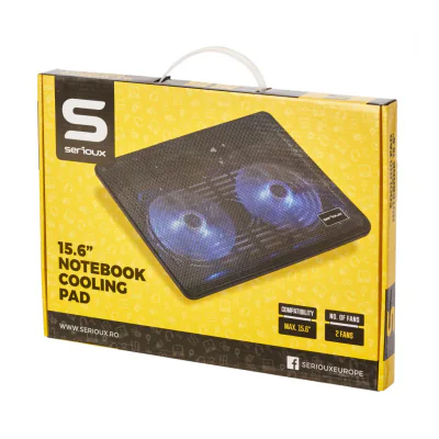Cooling pad Serioux, SRXNCP007, Dimensiuni: 340*250*23mm, Compatibilitate maxima laptop: 15.6 inch, Dimensiune ventilator: 2 x 125 *125*15mm, Nivel zgomot: 10dB, Flux aer: 20CFM, Tensiune alimentare: DC 5V, Viteza rotatie maxima: 1500RPM, Iluminare L