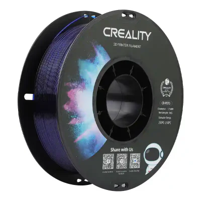 CREALITY CR PETG 3D Printer Filament, transparent Blue, Printing temperature: 230-250°C, Filament diameter: 1.75mm, Tensile strength: 49MPa, Size of filament wheel: Diameter 200mm, height 66mm, hole diameter 53mm. Eco-friendly, odorless, non-toxic. U