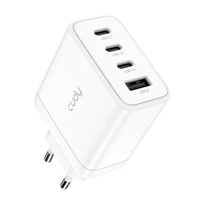 CUDY 4-Port 65W USB-C Charger with EU Plug, GaN, 3 x USB-C (65W max),1 x USB-A (30W max ),QC+PPS+PD 3.0, EU plug, Fast charge for iPhone 12 Series and above, Galaxy, iPad, Macbook and more