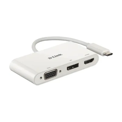 D-Link 3-in-1 USB-C to HDMI/VGA/DisplayPort Adapter, Wired, USB 3.2 Gen 1 (3.1 Gen 1) Type-C, White, CE, FCC, IC, RCM, DC, 0.04 A