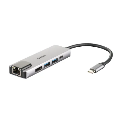 D-Link 5-in-1 USB-C Hub with HDMI/Ethernet and Power Delivery, Wired, Thunderbolt 3, 60 W, 10,100,1000 Mbit/s, IEEE 802.3, IEEE 802.3ab, IEEE 802.3az, IEEE 802.3u, IEEE 802.3x, Aluminium