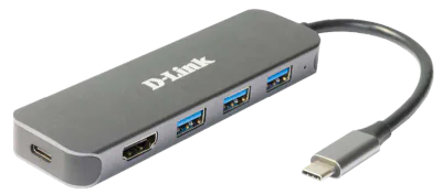 D-Link DUB-2333 5-in-1 USB-C Hub with HDMI and power delivery, 1* USB-C connector, 1* HDMI Port, 3* USB Type- APort (USB 3.0), 1* USB-C powerdelivery.