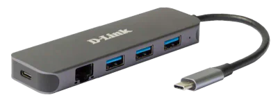 D-Link DUB-2334 5-in-1 USB-C Hub with Gigabit Ethernet and power delivery, 1* USB-C connector, 1* Gigabit Ethernet, 3* USB Type- APort (USB 3.0), 1* USB-C powerdelivery.