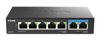 D-Link switch DMS-107, 7 porturi, Standarde si protocoale: IEEE 802.3 10BASE-T,  IEEE 802.3u 100BASE-TX,  IEEE 802.3ab 1000BASE-T,  IEEE 802.3bz 2.5GBASE-T5 porturi Gigabit, 2 porturi 2.5Gbps,  Capacitate 20 Gbps, fara ventilator, carcasa metal, dime