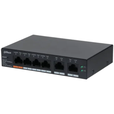 Dahua desktop switch, 6 porturi Gigabit, 4 porturi POE, CS4006-4GT-60, Port 1-4: 4 × RJ-45 10/100/1000 Mbps (POE),  Port 5-6: 2 × RJ-45 10/100/1000 Mbps (uplink), Cloud managed, Layer 2, Switching Capacity: 12Gbps, Packet Forwarding Rate: 8.93 Mpps, 