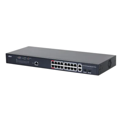 Dahua Managed Switch 18 porturi, 16 porturi POE, Gigabit, Port 1-16:16 × 10M/100M/1000MBase-T (PoE), Port 17-18:2 × 10M/100M/1000MBase-T (uplink) (combo), Port 17-18:2 × 1000M SFP (uplink)(combo), 1 × Console port, Managed L2, Capacitate switch: 56 G