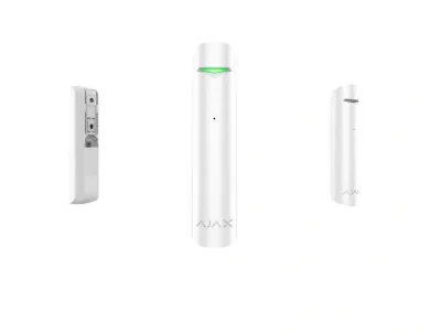"Detector de geam spart GlassProtect, wireless, alb - AJAX; Detectie geam spart: max. 9 m, Sensibilitate: ajustabila 3 nivele; Unghi detectie: 180°; Timp alarmare: 0.15 s; Senzori: microfon cu electret Frecventa operare: 868.0 - 868.6 MHz; Putere RF: