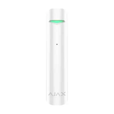 "Detector de geam spart GlassProtect, wireless, alb - AJAX; Detectie geam spart: max. 9 m, Sensibilitate: ajustabila 3 nivele; Unghi detectie: 180°; Timp alarmare: 0.15 s; Senzori: microfon cu electret Frecventa operare: 868.0 - 868.6 MHz; Putere RF:
