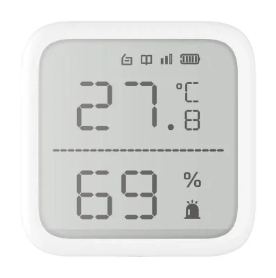 Detector de temperatura si umiditate wireless Hikvision DS-PDTPH-E-WE, seria AXPRO, design modular pentru diferite aplicatii, configurare la distanta prin intermediul aplicatiei, metode multiple de inrolare: Power up,Remote ID,QR code, monitor 2.7 in