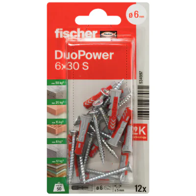 Diblu universal Fischer DUOPOWER-6X30S*P12, set 12 buc., foraj 6 mm