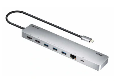 Docking Station ATEN UH3240-AT. Tehnologia de conectare: Prin cablu, Interfaţă gazdă: USB tip-C, Putere USB Redată până la: 100 W. Viteză transfer de date Ethernet LAN: 1000 Mbit/s. Culoarea produsului: Argint, Carduri de memorie compatibile: MicroSD