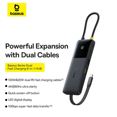 DOCKING Station Baseus Nomos Dual Fast Charging 6-in-1,conectare PC USB-C, 1 x USB 10G, cablu inclus 1 x USB-C (10Gbps si PD20W), 1 x USB 480Mbps, cablu inclus USB-C x 1 PD 100W, HDMIx1/4K/60Hz,gri "B00070902123-00" - 69321726