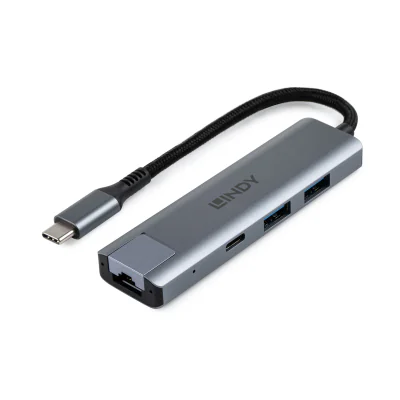 Hub Lindy USB3.2 Gigabit Ethernet, interfata USB C la RJ45 & 2x USB A & 1x USB C, interfata standard USB 3.2 / 3.1 Gen 2, Gigabit LAN, chipset RTL8153 (LAN), GL3590 (Hub), lungime cablu  150mm, gri