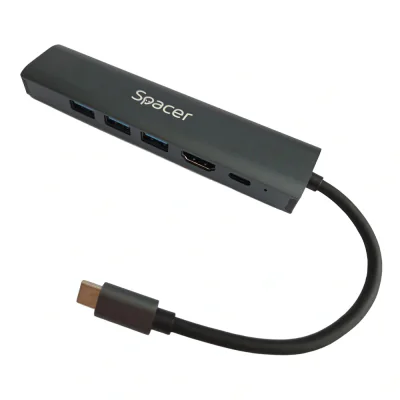 DOCKING Station Spacer universal 6 in 1, conectare Type-C, USB 3.0 x 3 |PD 3.0 x 1 (100W), 1x HDMI 4K (30Hz), 1xRJ45 Gigabit, gri, Aluminiu, "SPDS-TypeC-HUPG-6in1-04"
