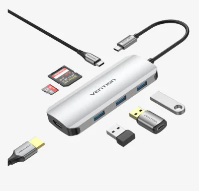 Docking Station Vention,HDMI(M), 3xUSB 3.2 gen1,PD 100W,SD/TF dual card slot,conec prin USB-C(T),transf 5 Gbps,aliaj Al si ABS,1 Gbit,4K/30Hz,argintiu "TOJHB" -6922794756816