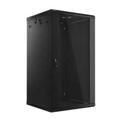 Dulap rack de perete Lanberg 19" 22U, 600x600mm (flat pack), ușă din sticlă, negru V2