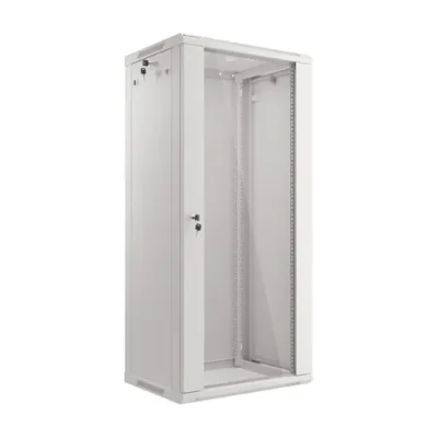 Dulap rack de perete Lanberg 19" 27U, 600x450mm (flat pack), cu ușă din sticlă, gri V2