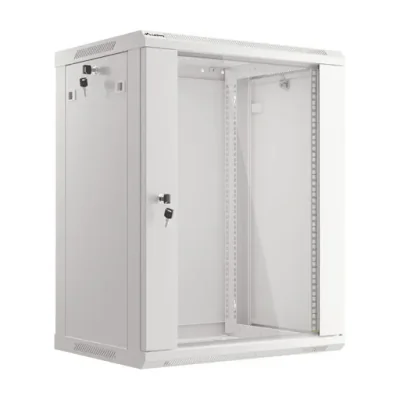 Dulap rack Lanberg 19" de perete 15U/600x450 (flat pack), cu ușă din sticlă, gri, V2