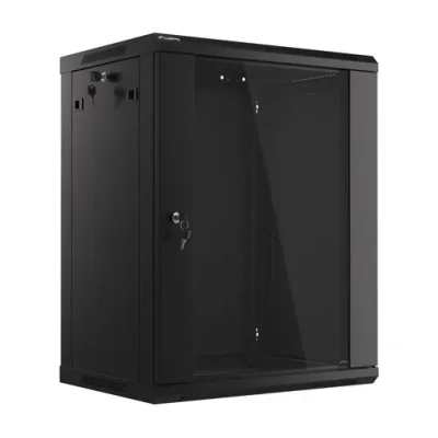Dulap rack Lanberg 19" de perete 15U/600x450 (flat pack), ușă din sticlă, negru, V2