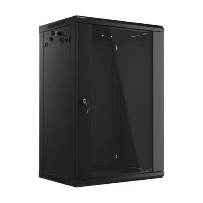 Dulap rack Lanberg 19" de perete 18U/600x450 (flat pack), cu ușă din sticlă, negru V2