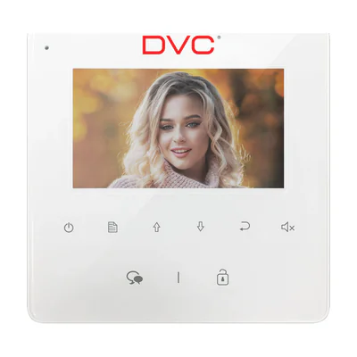 DVC DT437 - Monitor TFT hands-free de 4,3'' pentru sisteme de interfon DVC. Carcasă albă subtire, butoane tactile.