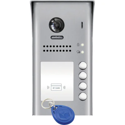 DVC DT607/FE/ID/S4/RH - Unitate de apel video pentru exterior cu cameră color fisheye (170°) si 4 butoane de apel. Fabricată din otel inoxidabil. Protectie IP54. Ci