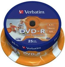 DVD-R VERBATIM 4.7GB, 120min, viteza 16x, 25 buc, Single Layer, spindle, printabil, "Wide Inkjet Printable" "43538"