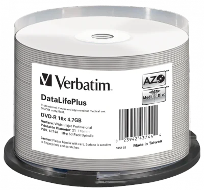 DVD-R VERBATIM 4.7GB, VITEZA 16X, AZO DL+ THERMAL PRINTRABLE NO-ID, SPINDLE, 50 BUC, "43744"