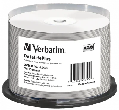 DVD-R VERBATIM 4.7GB, VITEZA 16X, THERMAL PRINTRABLE NO-ID, SPINDLE, 50 BUC, "43755"