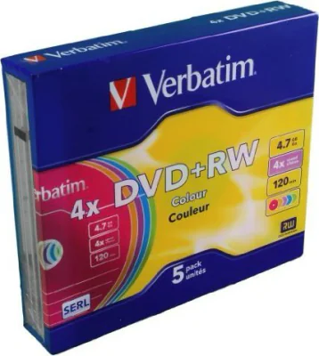 DVD+RW VERBATIM 4.7GB, 120min, viteza 1-4x, set 5 buc, Single Layer, Jewel Case, "Colours" "43297"