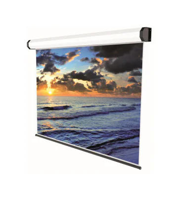 Ecran de proiecte electric, cu prindere in tavan/perete Sopar Professional, format 1:1, suprafata de proiectie 300x300 cm, diagonala 167 cm, unghi de vizionare 150°, tip panza alba (fata) neagra (spate), din aluminiu, motor silentios