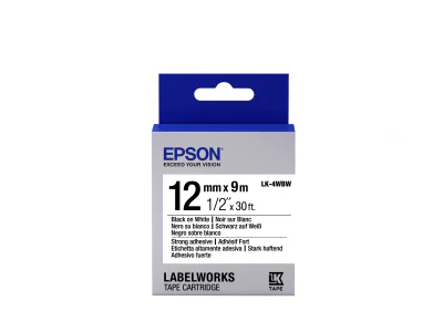 Epson Label Cartridge Strong Adhesive LK-4WBW Black/White 12mm (9m), Black on white, Japan, LabelWorks LW-1000P LabelWorks LW-300 LabelWorks LW-400 LabelWorks LW-400VP LabelWorks LW-600P..., 1.2 cm, 9 m, 1 pc(s)