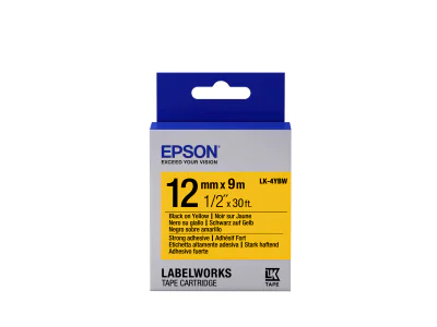 Epson Label Cartridge Strong Adhesive LK-4YBW Black/Yellow 12mm (9m), Black on yellow, Japan, LabelWorks LW-1000P LabelWorks LW-300 LabelWorks LW-400 LabelWorks LW-400VP LabelWorks LW-600P..., 1.2 cm, 9 m, 1 pc(s)